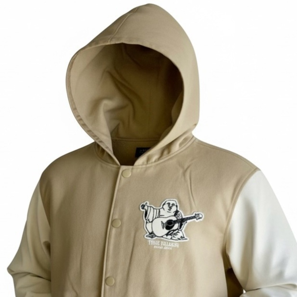 True Religion Jacket Varsity Budda Men Tan White Hood Faux Leather size L NEW
